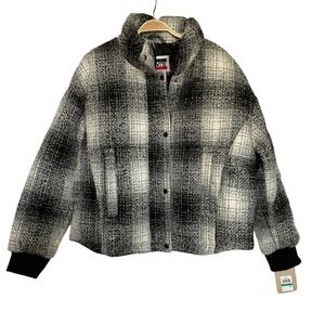 Levi's Cinched Waist Puffer Coat Jacket Women L Ombre Black Plaid Wool Blend NWT